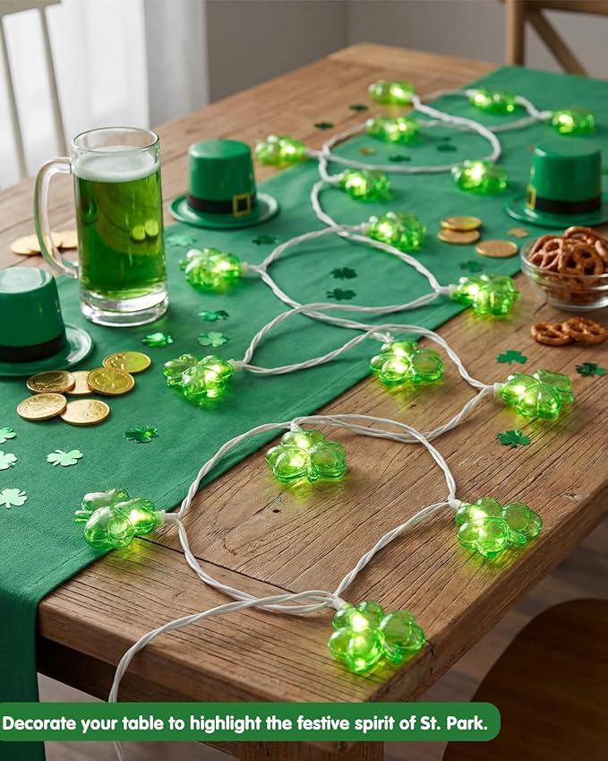 SUNSGNE Shamrock String Lights St. Patrick's Day Lights, 8.5Ft Outdoor Patio String Light with 10 LED Green Shamrock, Plug in Fairy Lucky Clover String Lights for Home Garden Irish Party Decoration