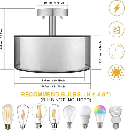 FOLKSMATE Semi Flush Mount Ceiling Light Fixture, 3-Light Drum Light with Double Fabric Shade, Modern Black Close to Ceiling Lighting for Living Room, Bedroom, Dining Room, Kitchen, Hallway, Entry