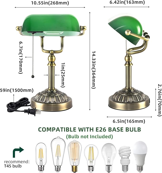 Bankers Desk Lamp with USB-A Charging Port, Vintage Green Glass Desk Lamp with Pull Chain, Antique Brass Banker's Desk Lamp for Home Office Library