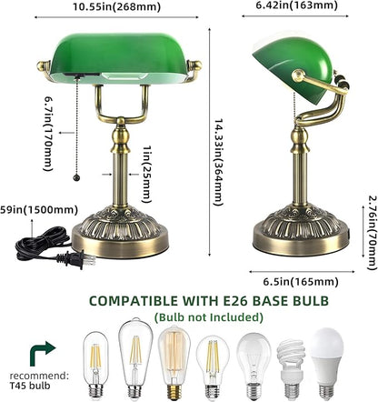 Bankers Desk Lamp with USB-A Charging Port, Vintage Green Glass Desk Lamp with Pull Chain, Antique Brass Banker's Desk Lamp for Home Office Library