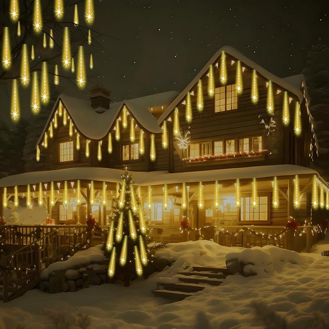 Adecorty Christmas Lights Outdoor, UL Certified Falling Rain Drop Light 8 Tubes 192 LED Meteor Shower Snow Dripping Icicle Lights for Xmas Tree Christmas Decorations Holiday Party, Warm White