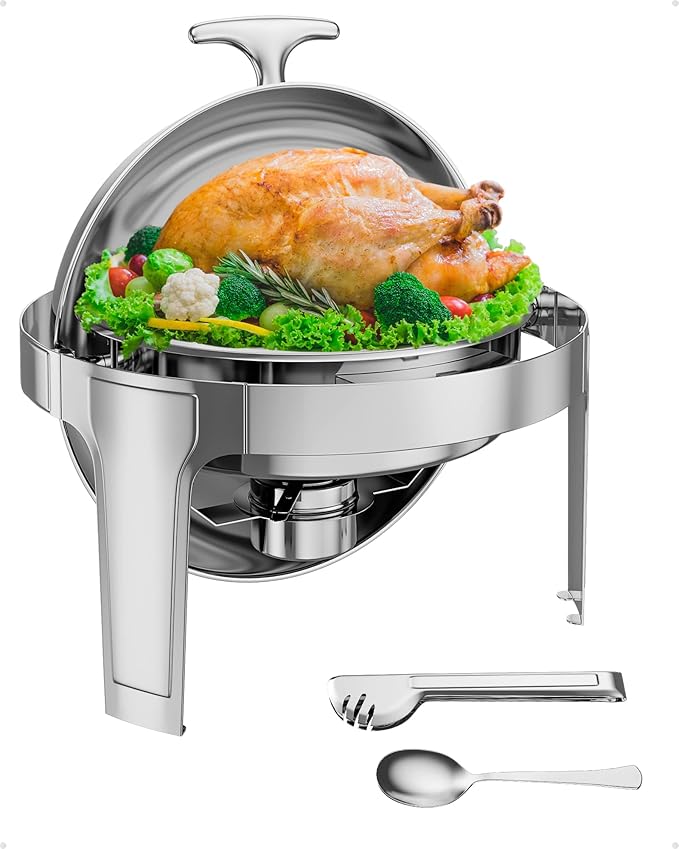 Takywep Roll Top Chafing Dish Buffet Set 6 QT,Stainless Steel Chafer Round Catering Food Warmer and Server with Lid Water Pan Stand Fuel Holder for Wedding,Parties,Events and Catering