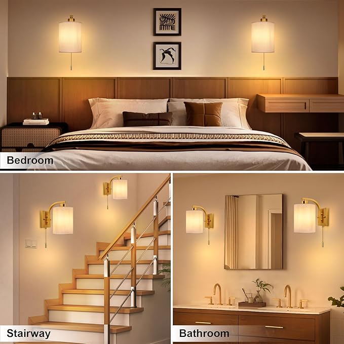 Lightess Wall Sconces with Pull Chain,Vintage Hardwired Pull Cord Wall Light Fixture with on Off Switch,Indoor Wall Lamp for Hallway Bedroom Living Room,Set of Two Gold (Bulbs Not Included)