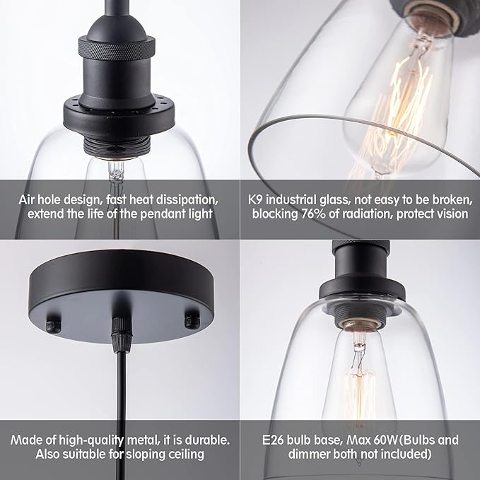 Industrial Mini Pendant Light Fixture Modern Clear Glass Adjustable Cord for Kitchen Island Dining Room Sink, Black, 3 Packs