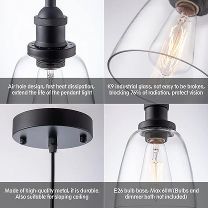 Industrial Mini Pendant Light Fixture Modern Clear Glass Adjustable Cord for Kitchen Island Dining Room Sink, Black, 3 Packs
