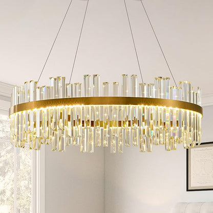 Gold Led Modern Crystal Chandelier: 31.5" Round Contemporary 3 Color Dimmable Large Dining Room Light Fixture over Table - Adjustable luxury Lighting for Bedroom Living Kitchen Island Entryway Foyer