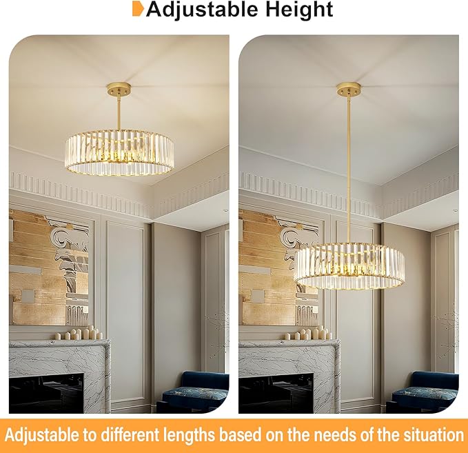 YURNYQ Glod Crystal Ceiling Light Fixture, Modern Semi Flush Chandelier, Round Hanging Lighting Chandeliers for Dining Room, Kitchen, Bedroom, 6-Light, 19.68 Inch