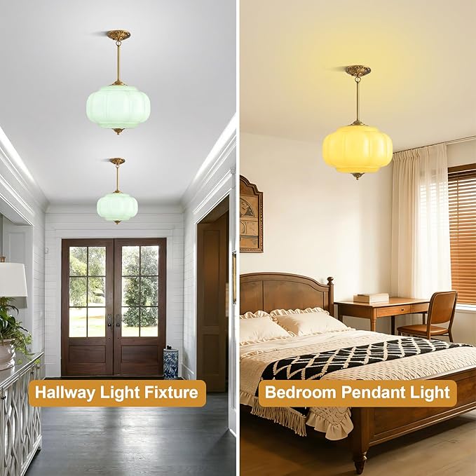 Green Glass Pendant Light, 15in Large Schoolhouse Light Fixture, LED Bulb Included, Vintage Art Deco Chandelier for Kitchen Island Dining Room Bedroom Hallway, Green & Antique Gold 1 Pack