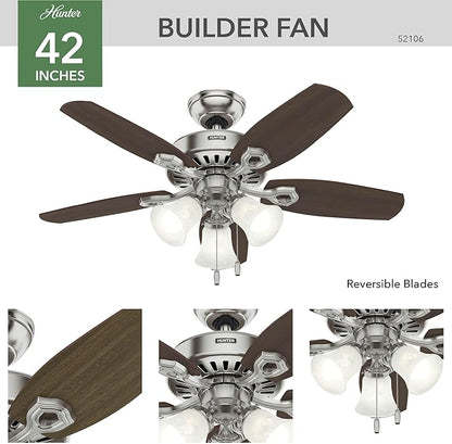 Hunter 42 inch Indoor Ceiling Fan with LED Lights - Ceiling Fan with Pull Chain, For Bedroom or Living Room, Standard Mount, No Remote, 5 Blades, Includes Bulbs - Builder 52106, Brushed Nickel