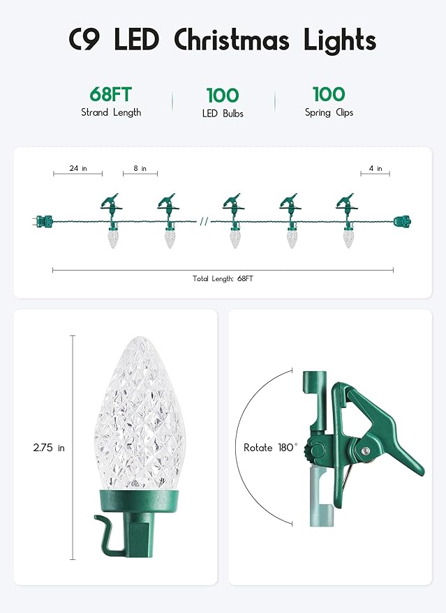 C9 68Ft Led Christmas String Lights 100 LED with Quick Clips Outdoor Waterproof Strawberry Lights, Commercial Grade Extendable for Indoor Outside Roofline Patio Home Xmas Decoration, Warm White