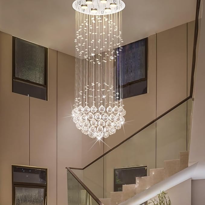 Crystal Modern Chandelier Contemporary 2 Balls Raindrop Crystal Chandelier Flush Mount Cylinder Chandelier Light Fixture Ceiling Lamp for Dining Room Living Room Kitchen Foyer Hallyway Bar
