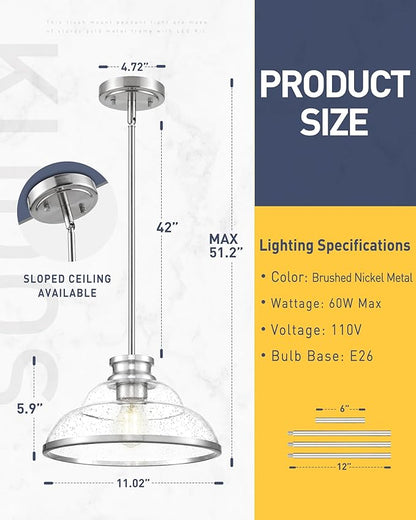 kudos 2 Pack Pendant Lights Kitchen Island, 11" Brushed Nickel Kitchen Island Lighting with Seeded Glass, Farmhouse Hanging Light Fixture for Kitchen Sink Dining Room Hallways, KDPL14-BN-2PK