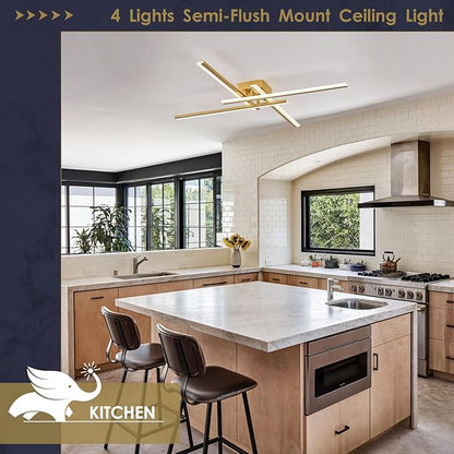 Gold Modern Led Chandelier 4-Lights Semi-Flush Mount Ceiling Lighting Fixture 35.4” Dimmable Remote Control Ceiling Light for Living Room Bedroom Kitchen Foyer