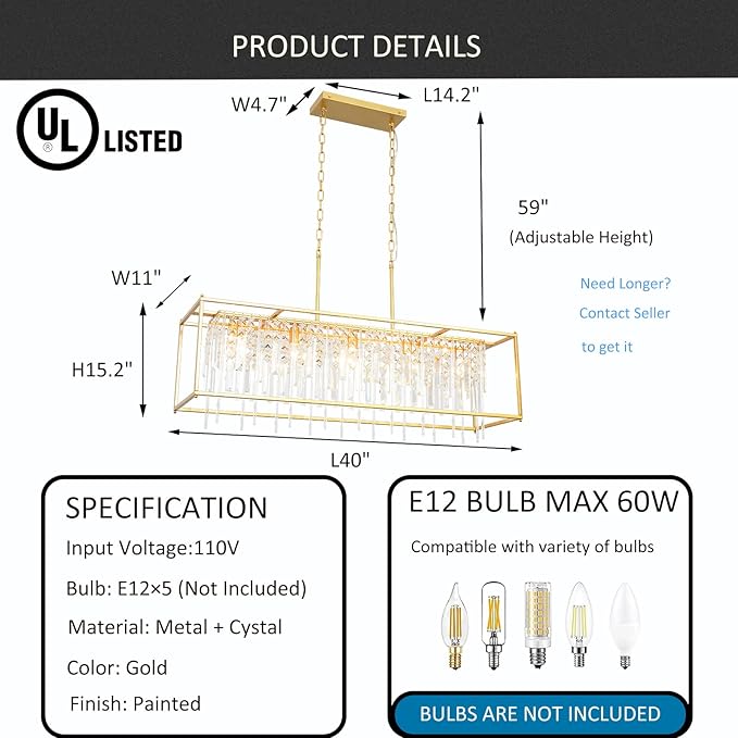 Modern Crystal Chandelier, Gold Rectangular Crystal Chandelier for Dining Room, 40" Top K9 Luxury Rectangle Farmhouse Light Fixture for Living Room, Kitchen Island L40xW12xH11