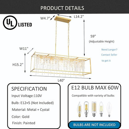 Modern Crystal Chandelier, Gold Rectangular Crystal Chandelier for Dining Room, 40" Top K9 Luxury Rectangle Farmhouse Light Fixture for Living Room, Kitchen Island L40xW12xH11
