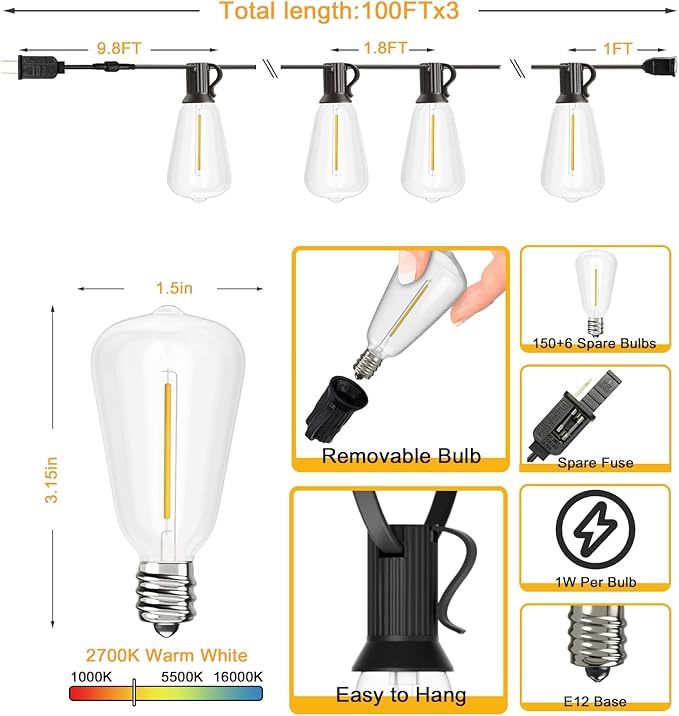 Svater Outdoor String Lights 300 FT, LED Patio Lights Outside with 156 Shatterproof G40 Bulbs, Dimmable Hanging Globe Lighting for Bistro Backyard Cafe Market Porch