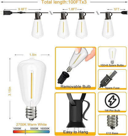 Svater Outdoor String Lights 300 FT, LED Patio Lights Outside with 156 Shatterproof G40 Bulbs, Dimmable Hanging Globe Lighting for Bistro Backyard Cafe Market Porch