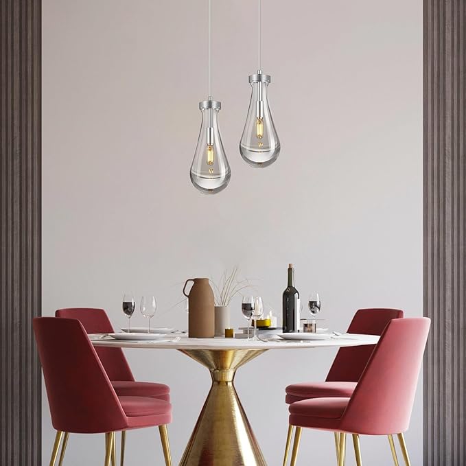 Raindrop Pendant Lights Kitchen Island Set of 2 Teardrop Chrome Hanging Light Fixtures Clear Solid Glass Pendant Light Modern Chandeliers for Dining Room Porch Corridor Living Room