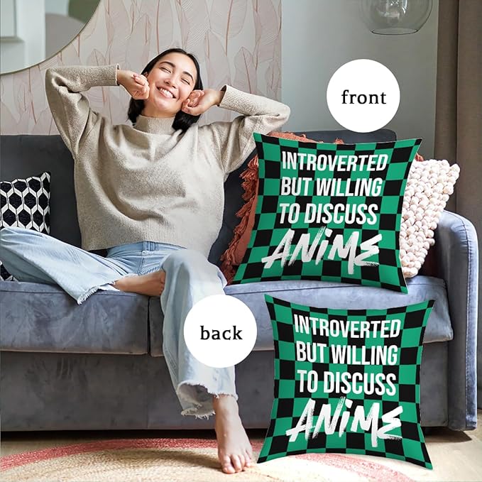 Anime Decor, Introverted But Willing to Discuss Anime Room Decorative Throw Pillow Covers, Girls Anime Gifts Anime Lovers for Home Living Room Girl Women Bedroom Decoration Gifts Black