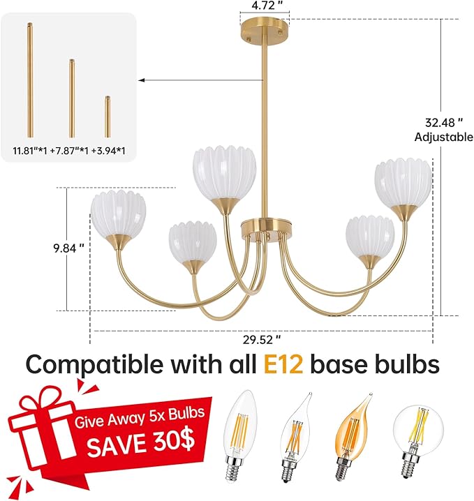 Shenmoyl 30.31" Brass Gold Chandelier, 5-Light Chandelier Light with White Tulip Glass Lampshade, Height Adjustable Vintage Chandeliers for Dining Room Living Room Kitchen Island