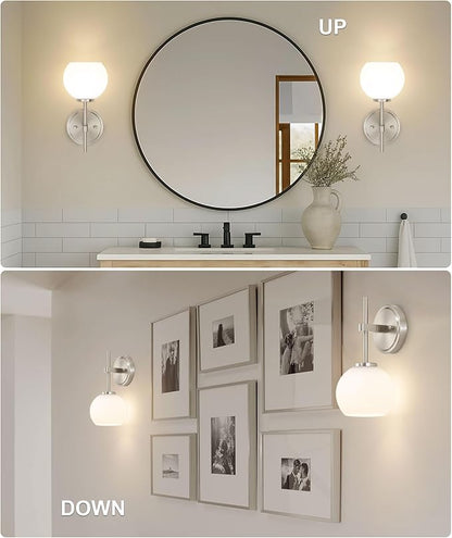 Brushed Nickel Battery Operated Wall Sconce Set of 2, Wireless Rechargeable Sconces Wall Lighting with Remote Control, LED Wall Lights with Opal White Glass Shade, 12 Colors RGB & 3 CCT Bulb