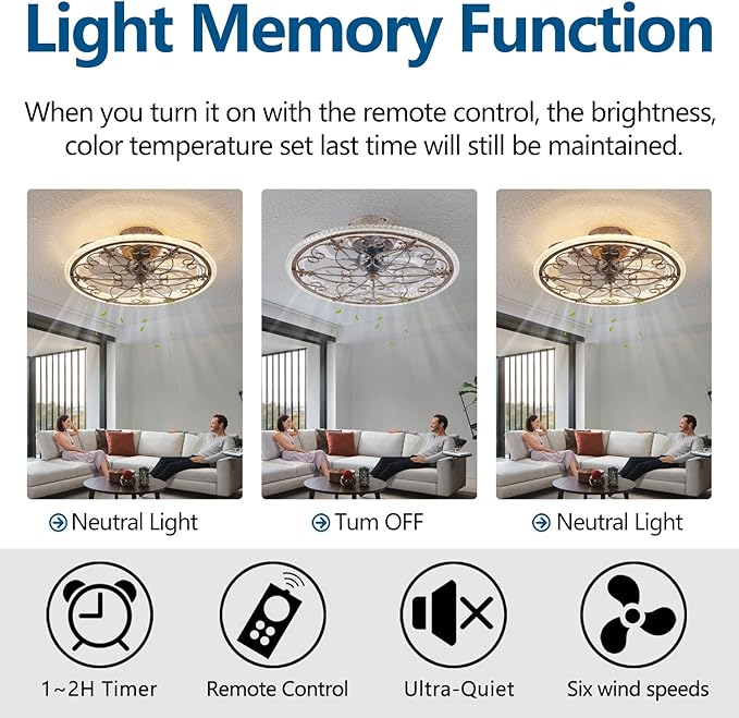 Rustic Caged Ceiling Fan with Lights Remote Control, Retro Industrial Ceiling Fan with Light for Kitchen Bedroom Living Room