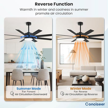 60 Inch Ceiling Fans with Lights and Remote, Dual Color 6 Blades, Bedroom Living Room Office Library Cafe Outdoor Industrial, 3CCT Dimmable, 6 Speed Reversible Quiet DC Motor, Black/Wood Grain