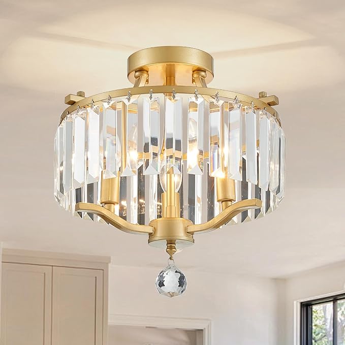 Crystal Gold Chandeliers Modern Farmhouse Small Chandelier 12.2 Inch 3-Light Round Crystal Mini Semi Flush Mount Ceiling Light Fixture for Dining Room Entryway Hallway Kitchen Bedroom Foyer