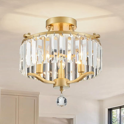 Crystal Gold Chandeliers Modern Farmhouse Small Chandelier 12.2 Inch 3-Light Round Crystal Mini Semi Flush Mount Ceiling Light Fixture for Dining Room Entryway Hallway Kitchen Bedroom Foyer