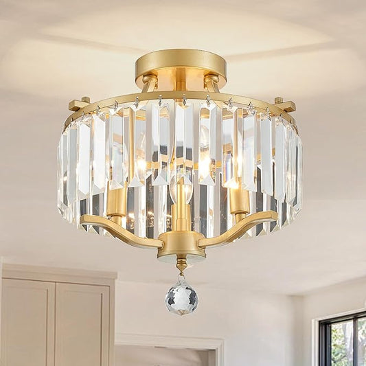 Crystal Gold Chandeliers Modern Farmhouse Small Chandelier 12.2 Inch 3-Light Round Crystal Mini Semi Flush Mount Ceiling Light Fixture for Dining Room Entryway Hallway Kitchen Bedroom Foyer