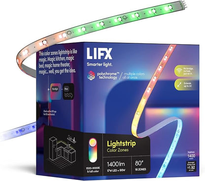 LIFX Supercolor Smart LED Strip Lights 6.6ft (80 inch Kit), Color Changing Multizone RGB + Tunable White, 16 Color Zones, Apple HomeKit, Alexa & Google Home, Music Sync, Dimmable