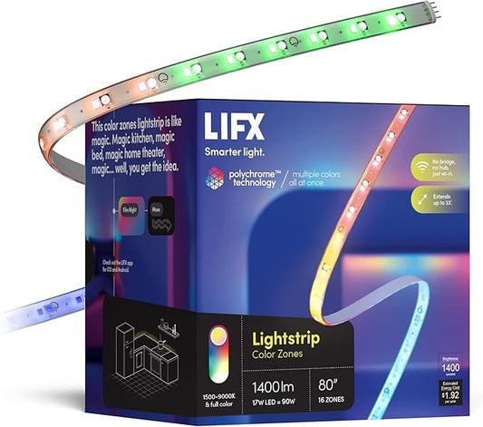 LIFX Supercolor Smart LED Strip Lights 6.6ft (80 inch Kit), Color Changing Multizone RGB + Tunable White, 16 Color Zones, Apple HomeKit, Alexa & Google Home, Music Sync, Dimmable
