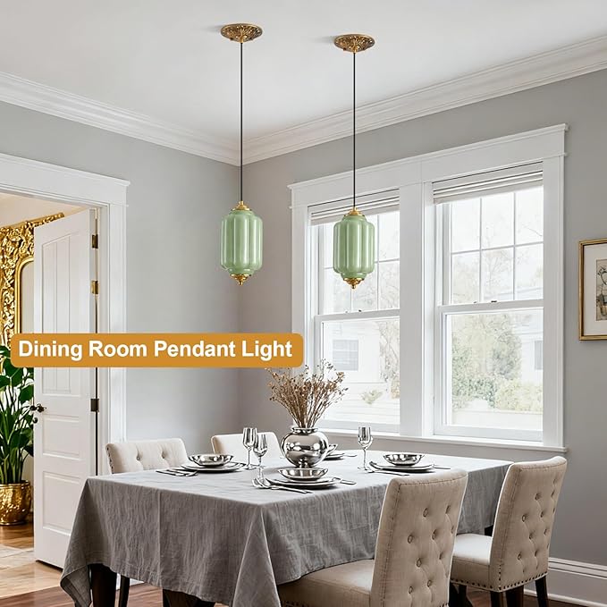 Green Glass Pendant Light, 5.5in Small Schoolhouse Light Fixture, LED Bulb Included, Vintage Art Deco Chandelier for Kitchen Island Dining Room Bedroom Hallway, Green & Antique Gold 1 Pack