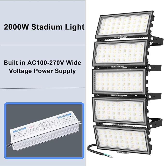 2000W LED Stadium Lights Outdoor Flood Lights 260000LM Super Bright LED Arena Flood Light 6500K IP67 Waterproof 100-277V Commercial Sport Field Light for Sport Fields, Courts