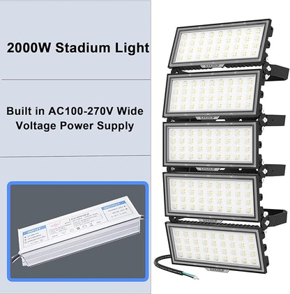 2000W LED Stadium Lights Outdoor Flood Lights 260000LM Super Bright LED Arena Flood Light 6500K IP67 Waterproof 100-277V Commercial Sport Field Light for Sport Fields, Courts