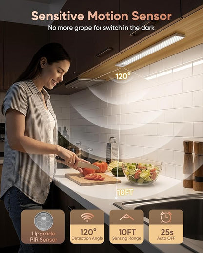 16inch Under Cabinet Lighting Wireless, 216LED Motion Sensor Light Indoor, USB Rechargeable Closet Lights, 3 Color Temps & Dimmable, Stick On Under Counter Lights for Kitchen, Pantry, Stairs, 5 Pack