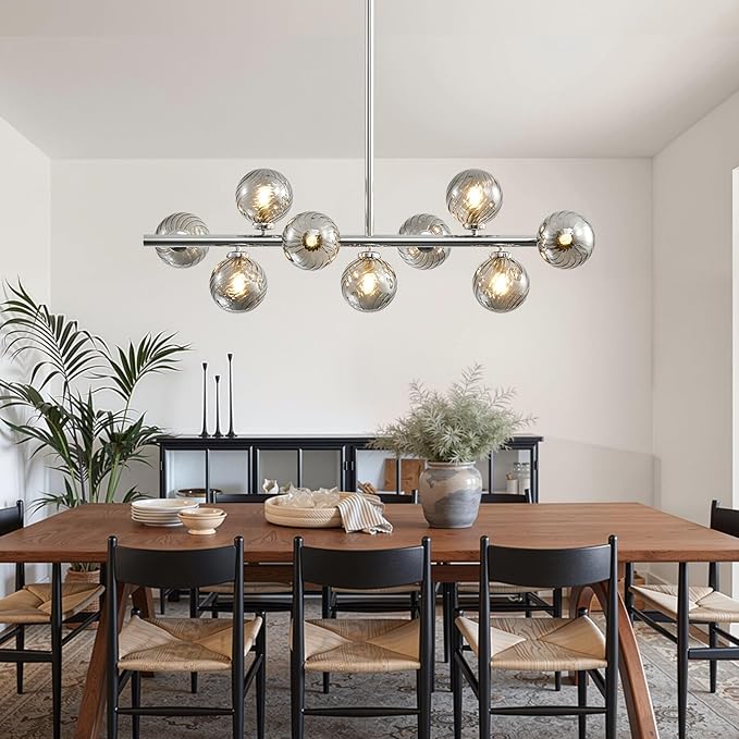 Mid Century Modern Sputnik Chandeliers: 9-Light Chrome Linear Dining Room Light Fixture - 40" Long Smoke Grey Glass Globe Modern Silver Pendant Chandelier Lighting for Living Room Kitchen Island Table
