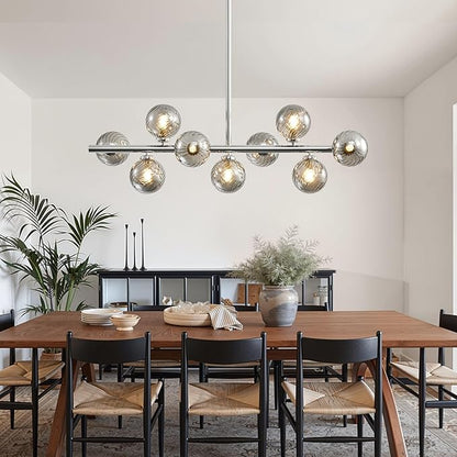 Mid Century Modern Sputnik Chandeliers: 9-Light Chrome Linear Dining Room Light Fixture - 40" Long Smoke Grey Glass Globe Modern Silver Pendant Chandelier Lighting for Living Room Kitchen Island Table