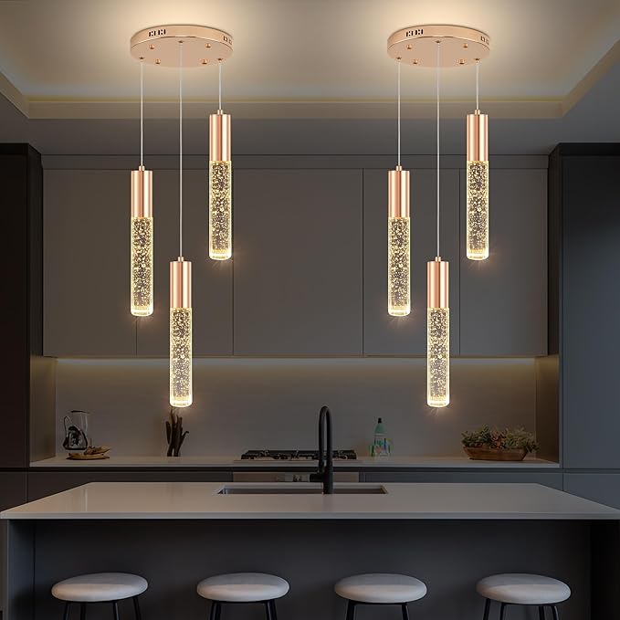 Modern Crystal Chandelier for Kitchen Island 3-Lights, Elegant Gold LED Bubble Pendant Lighting Fixture for Dining Room Bedroom Entryway