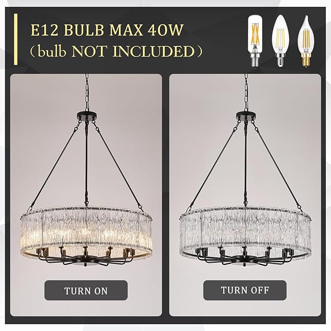 CATINER 12-Light Crystal Glass Chandeliers Modern 30" Black Drum Chandelier Luxury Ceiling Pendant Light Fixture for Living Room Dining Room Kitchen Foyer Bedroom