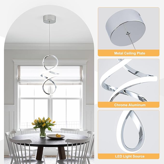 MAYNA Spiral Modern Pendant Light, 4000K Natural White LED Pendant Lights Kitchen Island, 18W Adjustable Height Island Lights for Kitchen Bedroom Dinning Room Living Room, 1 Pack (Chrome)