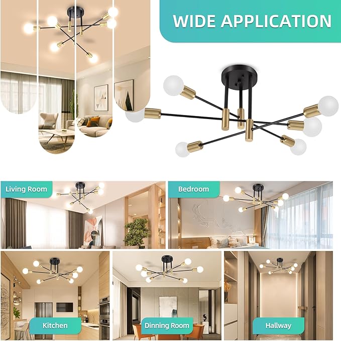 CANMEIJIA Sputnik Chandelier Modern Ceiling Light Fixture with 6 Lights Black Gold Mid Century Mount Ceiling Lights Fixture for Bedroom, Dining Room, Living Room, Kitchen, E26 Base, Bulbs Not Included