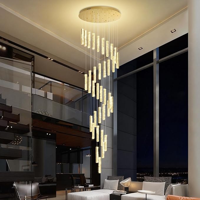 Large Spiral Stair Chandeliers for High Ceilings Long Crystal Chandelier for Foyer LED Dimmable 36-Light Gold 150 Inches High