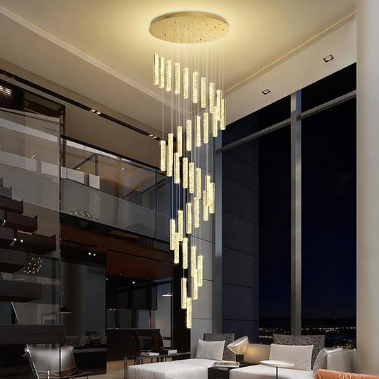 Large Spiral Stair Chandeliers for High Ceilings Long Crystal Chandelier for Foyer LED Dimmable 36-Light Gold 150 Inches High