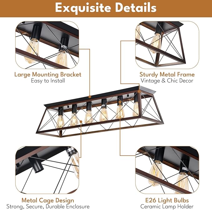 38" Large Brushed Bronze Flush Mount Ceiling Light Fixture, 6-Light Vintage Industrial Cage Chandelier for Dining Room Kitchen Island Living Room Hallway Entryway, Farmhouse Close to Ceiling Lighting