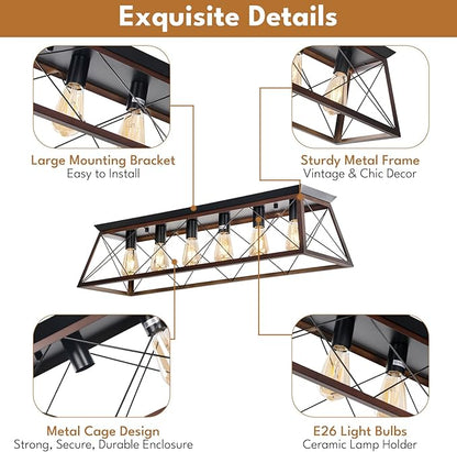38" Large Brushed Bronze Flush Mount Ceiling Light Fixture, 6-Light Vintage Industrial Cage Chandelier for Dining Room Kitchen Island Living Room Hallway Entryway, Farmhouse Close to Ceiling Lighting