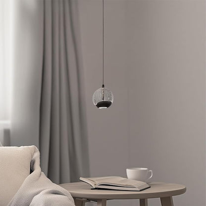 Modern Black Single Pendant Light with Bubble Glass, Small Globe Pendant Light 70.86" Drop, Kitchen Pendant Lighting Over Island, Bar, Entryway, Warm White 3000K, 519 lm, Ø 4.73"