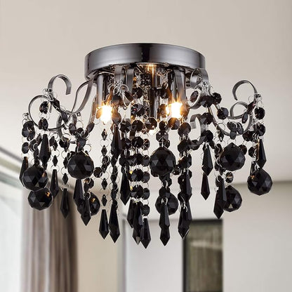 Q&S Crystal Ceiling Light Fixture Small Chandelier, Semi Ceiling Light Flush Mount, Mini Ceiling Fights for Bedroom, Aisle, Hallway, Closet,Entrance,Stairs,3 Lights E12