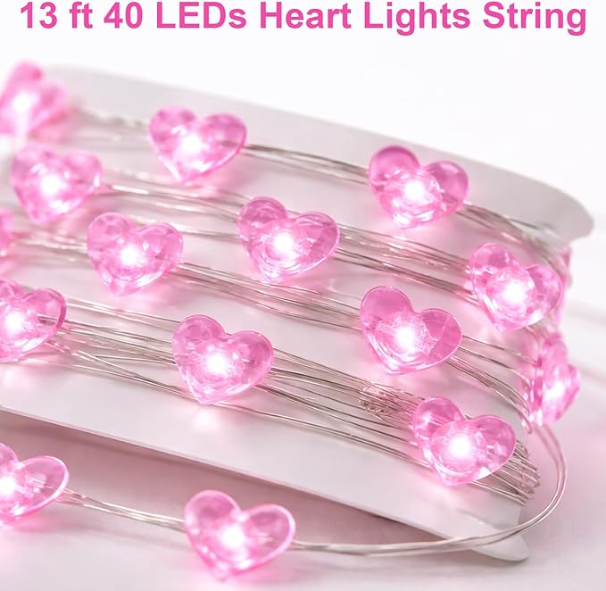 BOHON Valentine Day Decorations, 13 ft 40 LEDs Pink Heart Lights String, Fairy String Lights Battery Operated, Valentine Decor for The Home Indoor Garland Party Galentines Day Decorations Pink