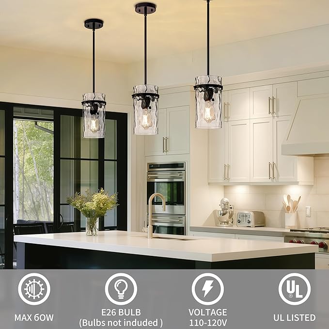 Farmhouse Hammered Glass Pendant Light, 5.5" Black Pendant Light, Modern Pendant Light Fixtures Over Island Lights for Kitchen Dining Room Light for Farmhouse Pendant Lighting 1 Pack